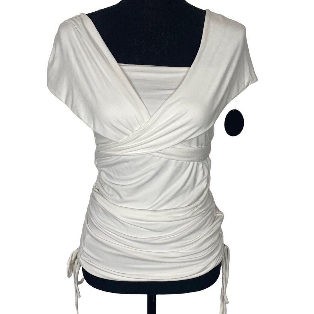 HOT MIAMI STYLES Women Sleeveless Wrap Top Sz S‎ White Feminine Office 40-12